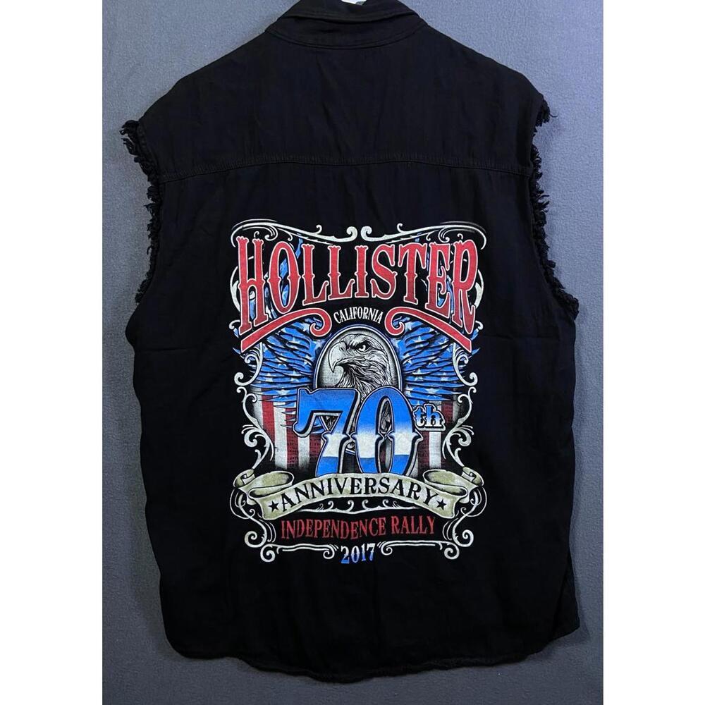 Hollister California 70th Rally 2017 BIKER BLACK JEAN SLEEVELESS SHIRT MEN'S L